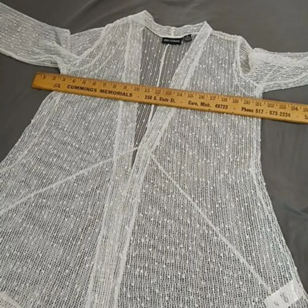 Nina Leonard Medium white sheer-knit hip-length long-sleeved cardigan delicate